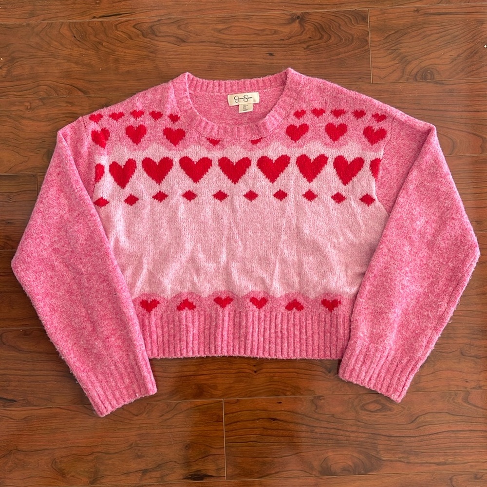 Jessica Simpson Pink Red Hearts Cropped Knit Valentines Day Crewneck Sweater